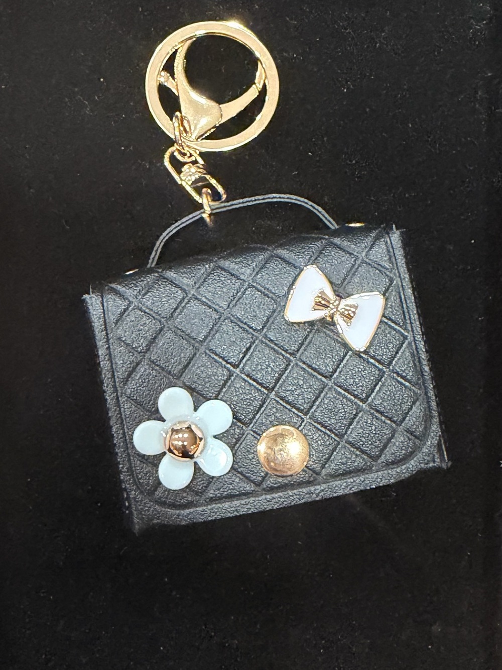 Quilted Black Mini Bag Keychain with Gold Hardware